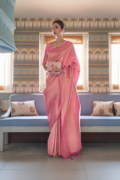 Lovely Pink Kanjivaram Silk Saree With Mesmerising Blouse Piece