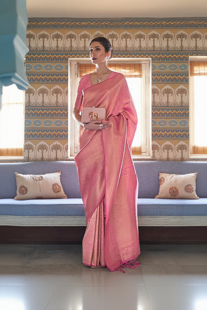 Lovely Pink Kanjivaram Silk Saree With Mesmerising Blouse Piece