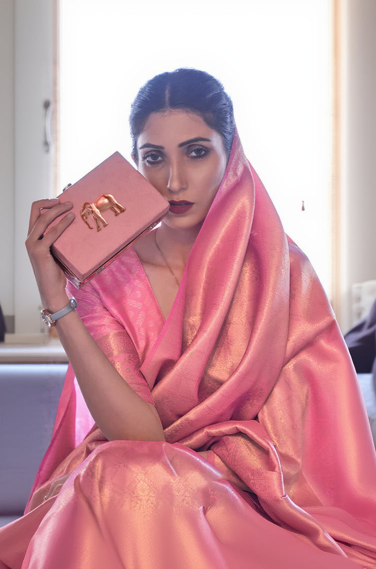 Lovely Pink Kanjivaram Silk Saree With Mesmerising Blouse Piece