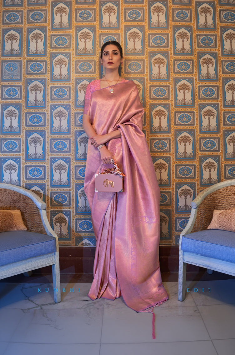 Lovely Pink Kanjivaram Silk Saree With Mesmerising Blouse Piece