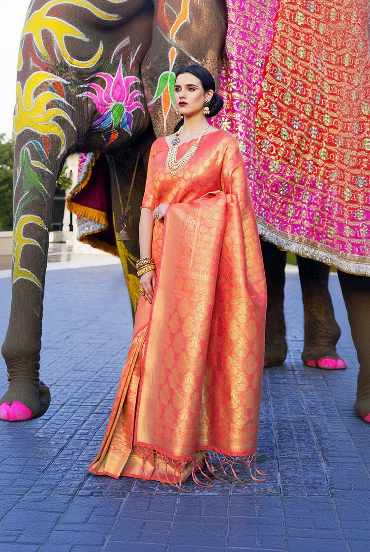 Woman in traditional orange saree standing next to an elephant with decorative attire.