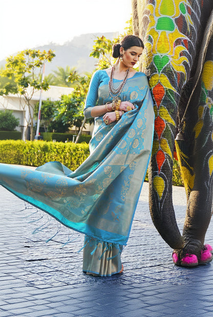 Arresting Firozi Kanjivaram Silk Saree With Flamboyant Blouse Piece