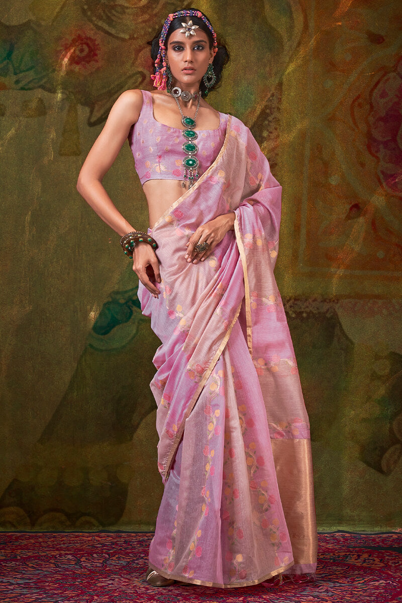 Alluring Pink Cotton Silk Saree With Blooming Blouse Piece