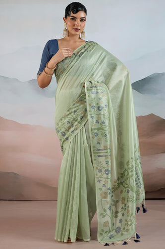 Designer Pista Soft Banarasi Tissue Silk Saree With Exquisite Blouse Piece