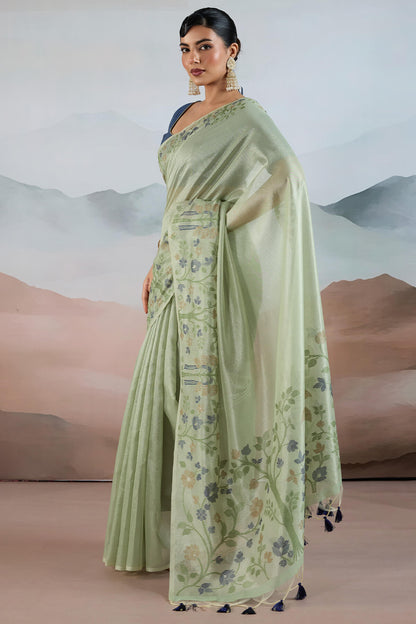 Designer Pista Soft Banarasi Tissue Silk Saree With Exquisite Blouse Piece