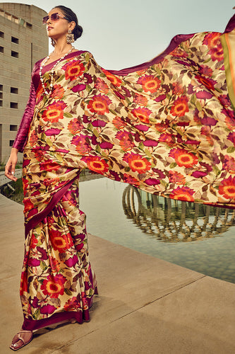 Charismatic Wine Digital Printed Satin Silk Saree With Radiant Blouse Piece