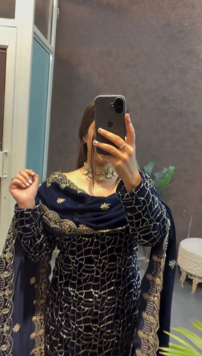 Navy Blue Embroidered Kurti Pant Set with Designer Dupatta