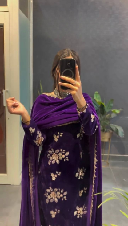 Royal Purple Velvet Embroidered Kurti Pant Set with Dupatta