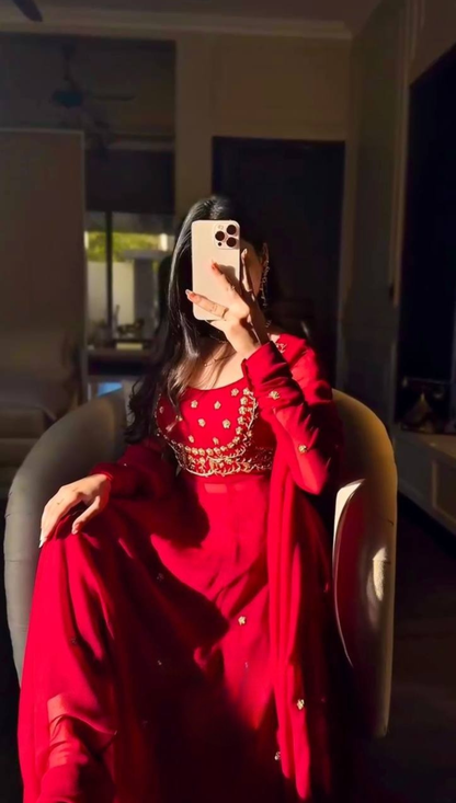 Classic Red Embroidered Anarkali Suit Set with Dupatta