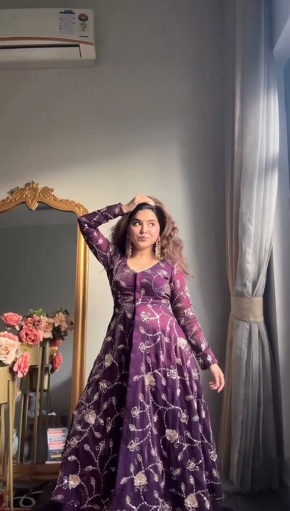 Royal Purple Floral Embroidered Jacket Style Anarkali Set with Dupatta