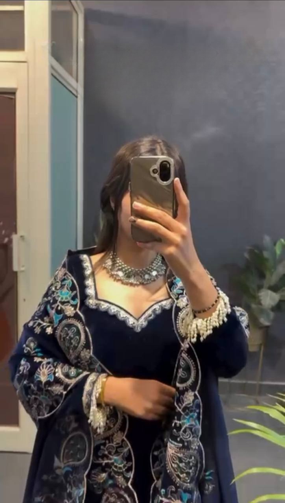 Navy Blue Velvet Kurti Pant Set with Embroidered Dupatta – Festive & Party Wear