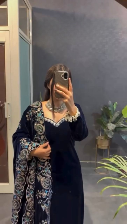 Navy Blue Velvet Kurti Pant Set with Embroidered Dupatta – Festive & Party Wear