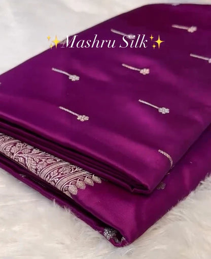 Wine Purple Mashru Silk Saree with Silver Zari Butta & Woven Border