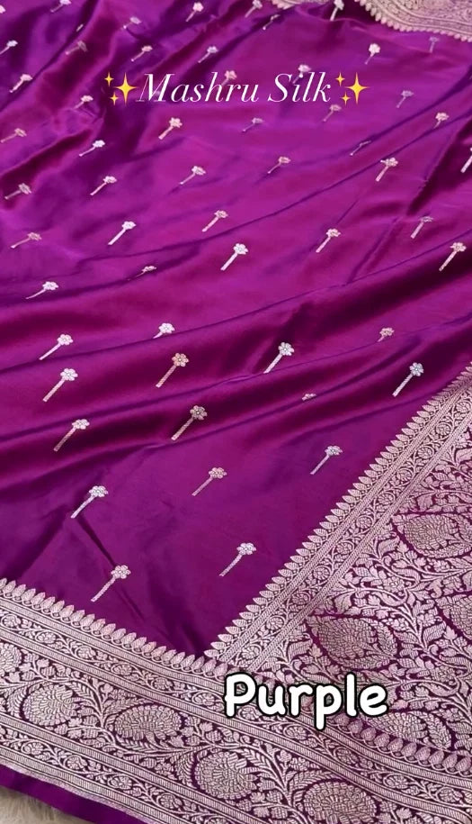 Wine Purple Mashru Silk Saree with Silver Zari Butta & Woven Border