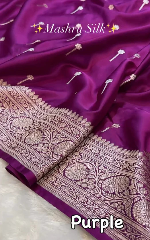 Wine Purple Mashru Silk Saree with Silver Zari Butta & Woven Border