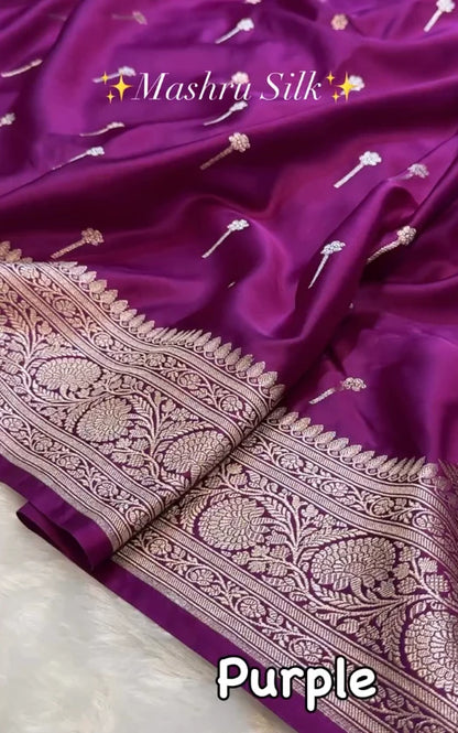 Wine Purple Mashru Silk Saree with Silver Zari Butta & Woven Border