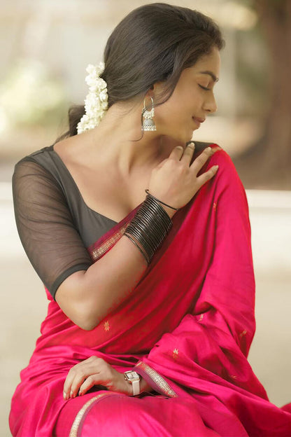 Pretty Dark Pink Cotton Silk Saree With Deserving Blouse Piece