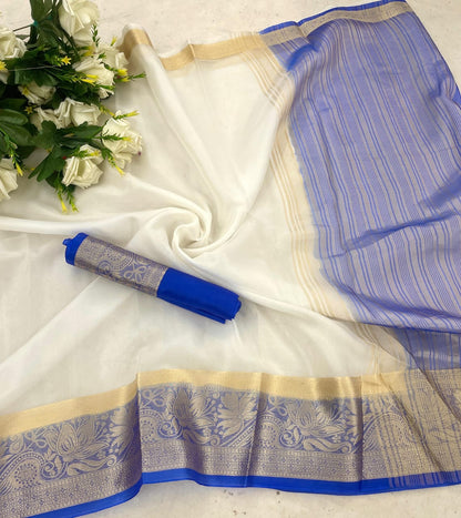 Effervescent White and Blue Orgenza Silk Saree With Palimpsest Blouse Piece