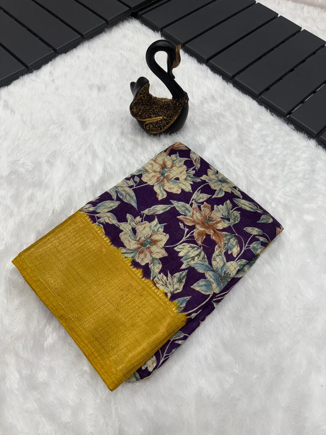Alluring Navy Blue Digital Printed Dola Silk Saree With Classy Blouse Piece