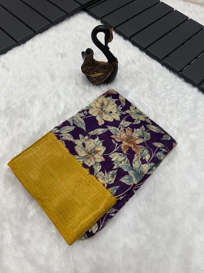 Alluring Navy Blue Digital Printed Dola Silk Saree With Classy Blouse Piece