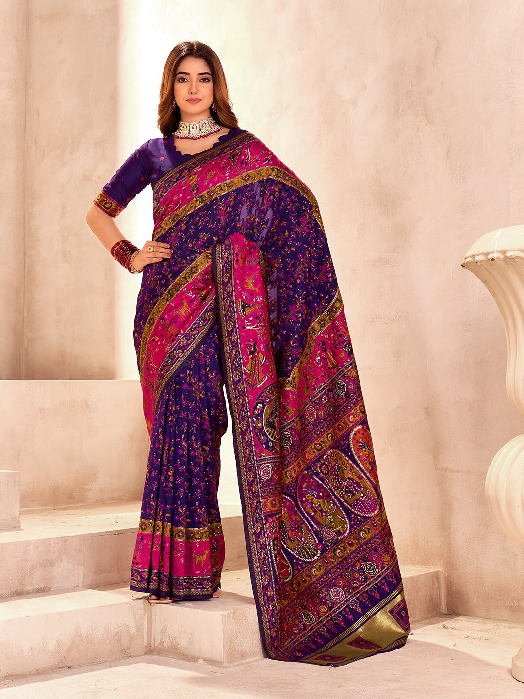 Ethnic Blue Nylon Dola Pashmina Saree With Assemblage Blouse Piece
