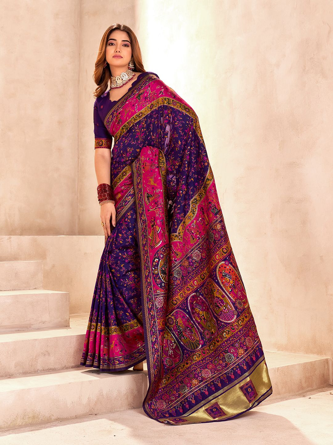Ethnic Blue Nylon Dola Pashmina Saree With Assemblage Blouse Piece