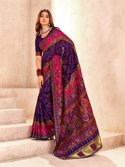 Ethnic Blue Nylon Dola Pashmina Saree With Assemblage Blouse Piece