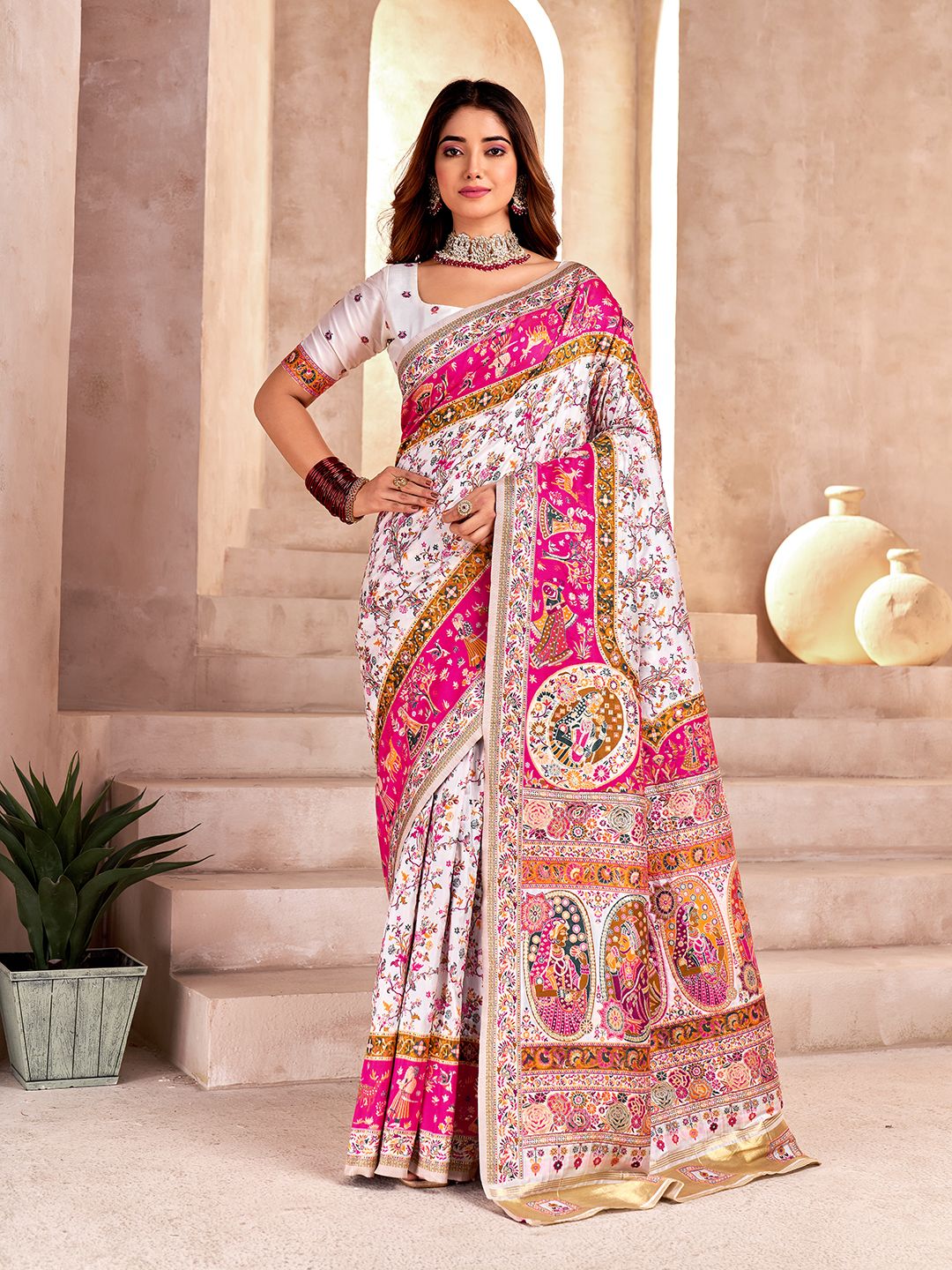 Incredible Off White Nylon Dola Pashmina Saree With Classic Blouse Piece