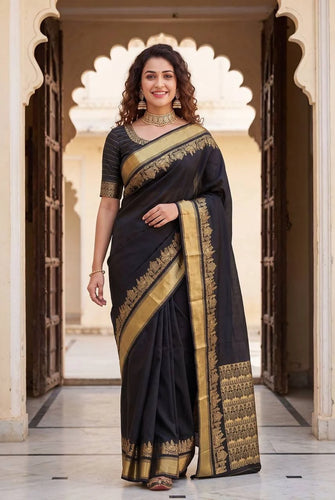 Luxuriant Black Soft Silk Saree With Beleaguer Blouse Piece
