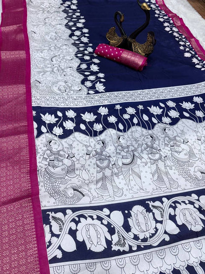 Resonant Navy Blue Digital Printed Dola Silk Saree With Winsome Blouse Piece