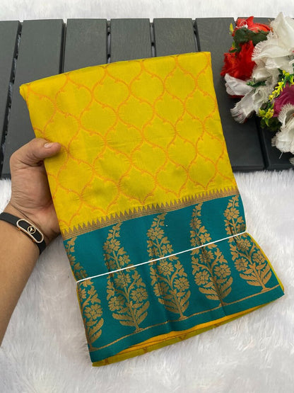 Exceptional Mustard Soft Banarasi Silk Saree With Twirling Blouse Piece