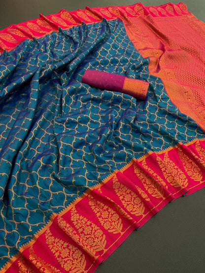 Adoring Navy Blue Soft Banarasi Silk Saree With Brood Blouse Piece