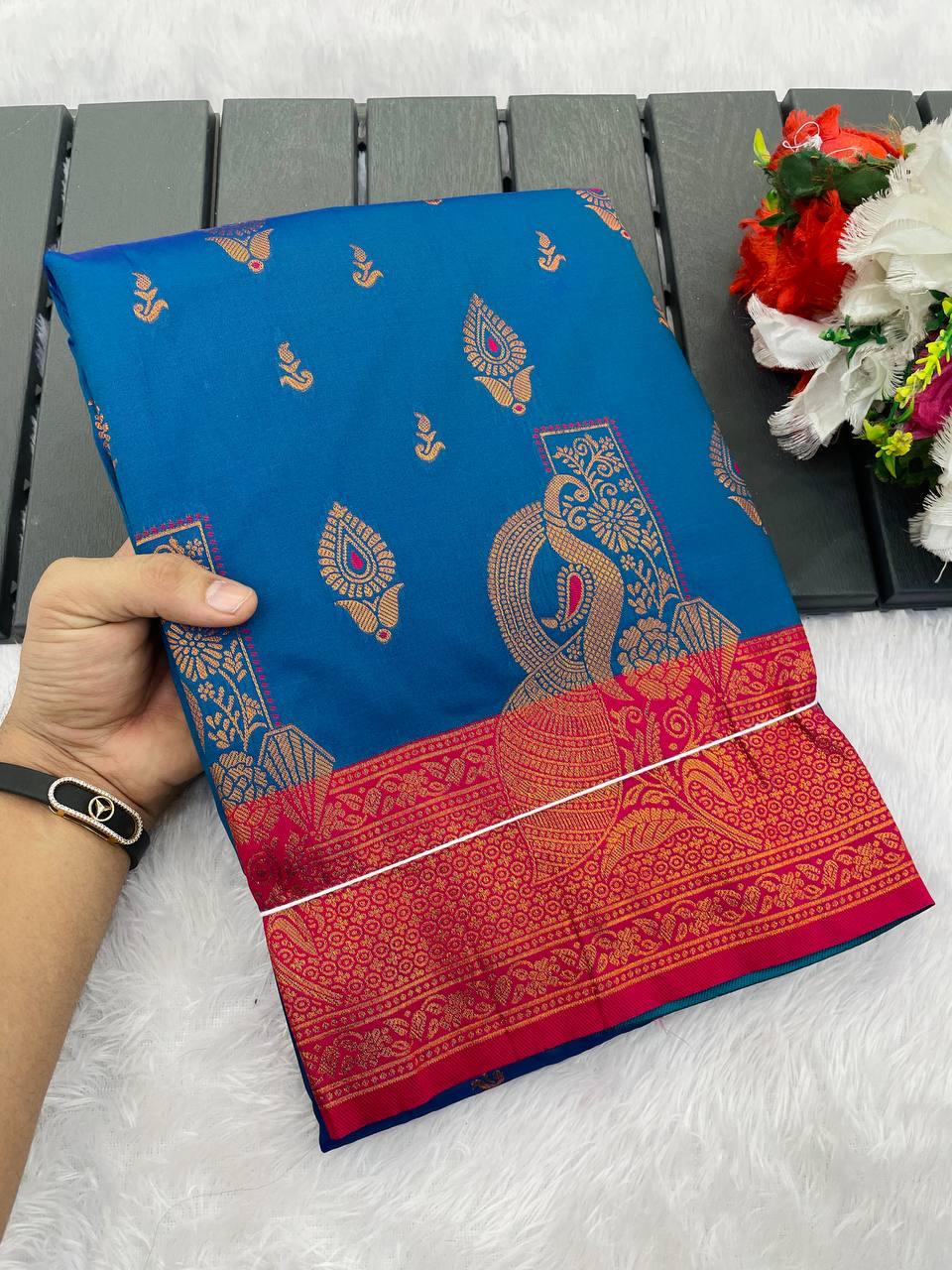Profuse Navy Blue Soft Banarasi Silk Saree With Winsome Blouse Piece