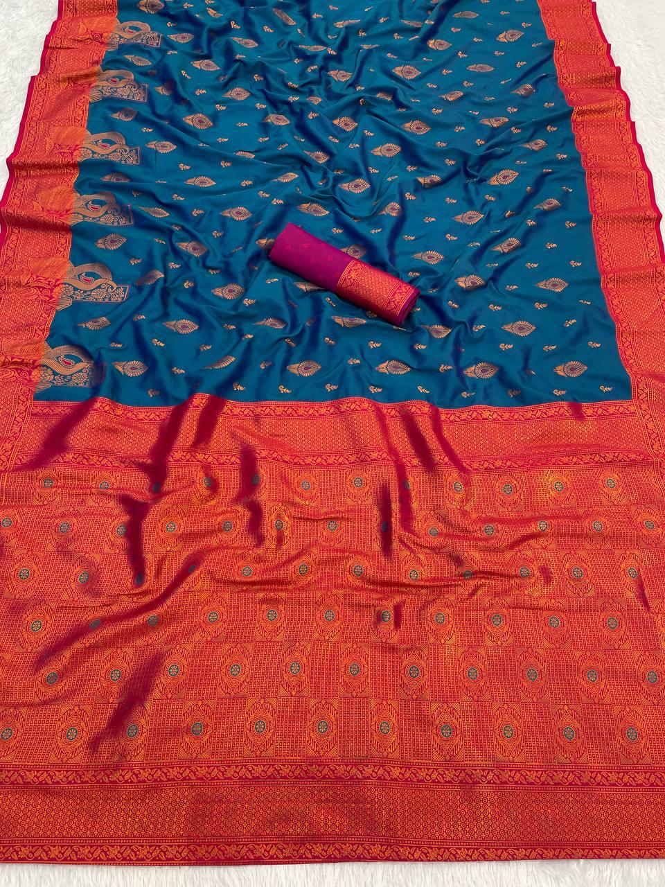 Profuse Navy Blue Soft Banarasi Silk Saree With Winsome Blouse Piece