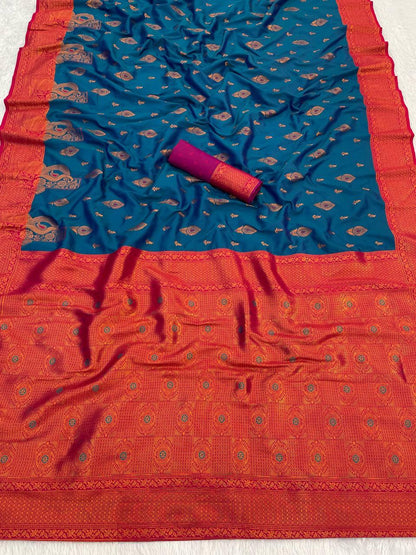 Profuse Navy Blue Soft Banarasi Silk Saree With Winsome Blouse Piece