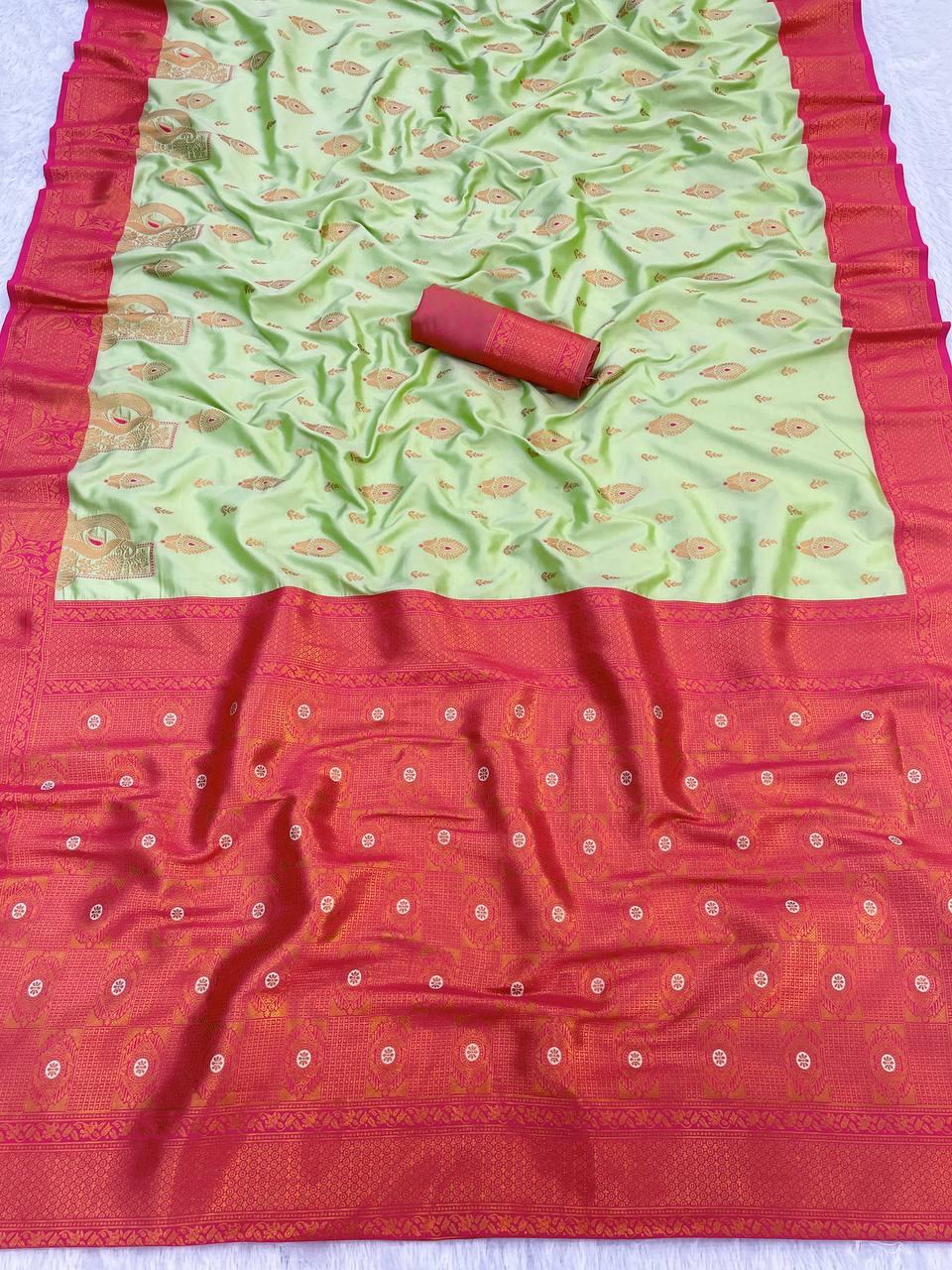 Beguiling Pista Soft Banarasi Silk Saree With Nebula Blouse Piece