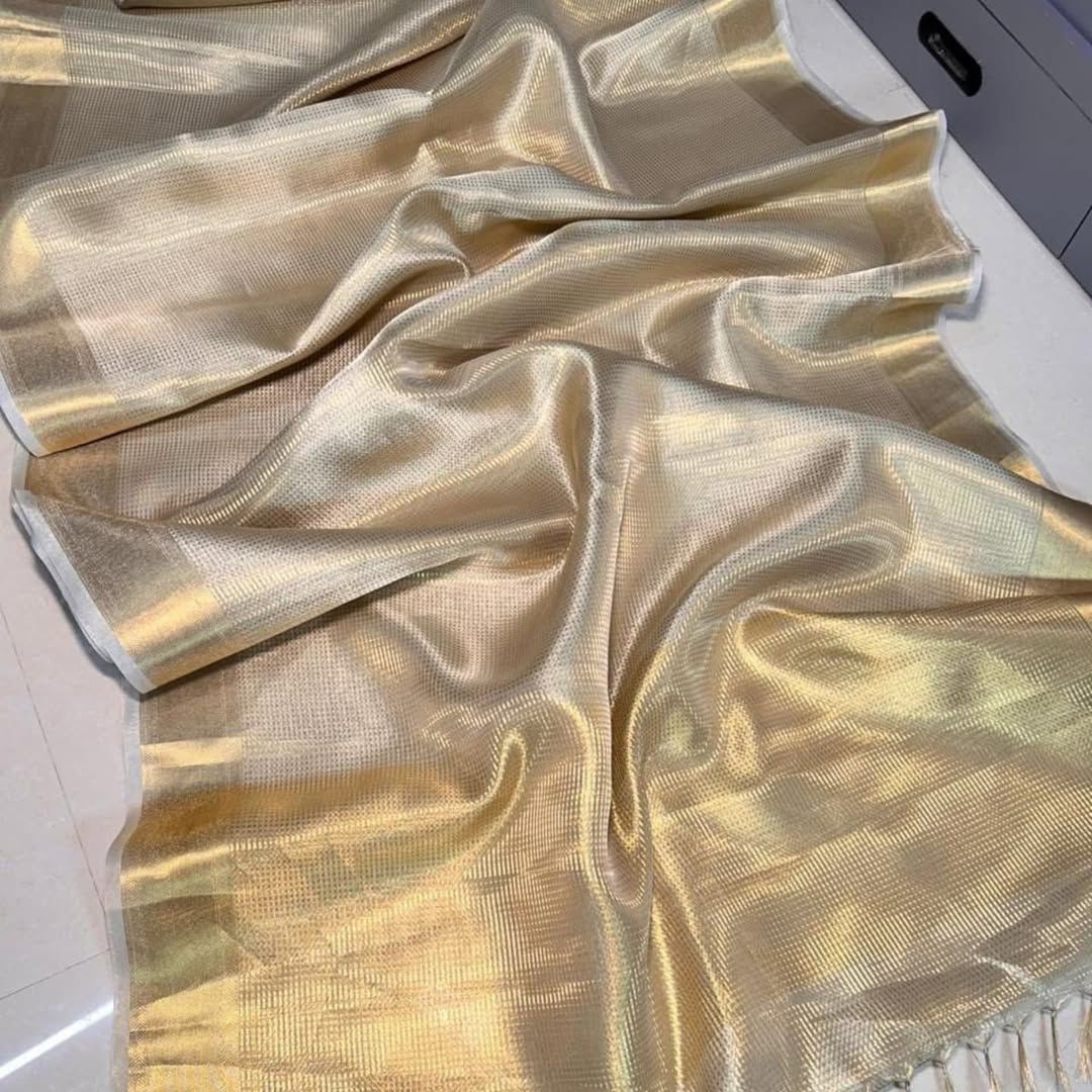 Bollywood Style Beige Soft Tissue Silk Saree With Imaginative Blouse Piece