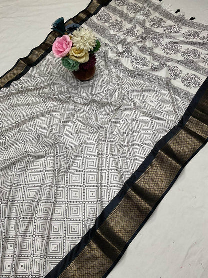 Cynosure Off White Digital Printed Dola Silk Saree With Tremendous Blouse Piece