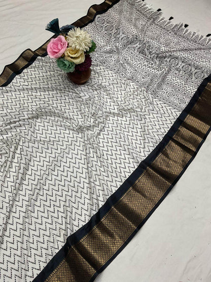 Luxuriant Off White Digital Printed Dola Silk Saree With Scrupulous Blouse Piece