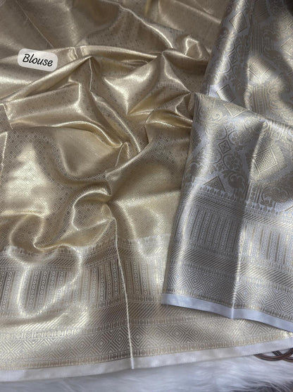 Bollywood Style Silver Soft Tissue Silk Saree With Resonant Blouse Piece