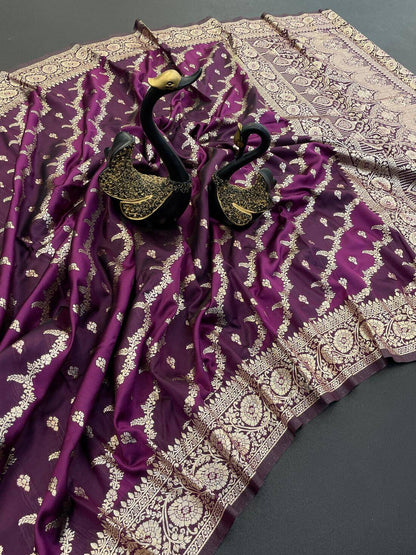 Glowing Wine Soft Banarasi Silk Saree With Vibrant Blouse Piece