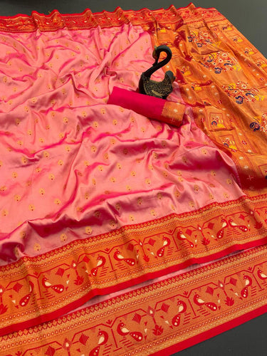 Classy Peach Paithani Silk Saree With Vibrant Blouse Piece