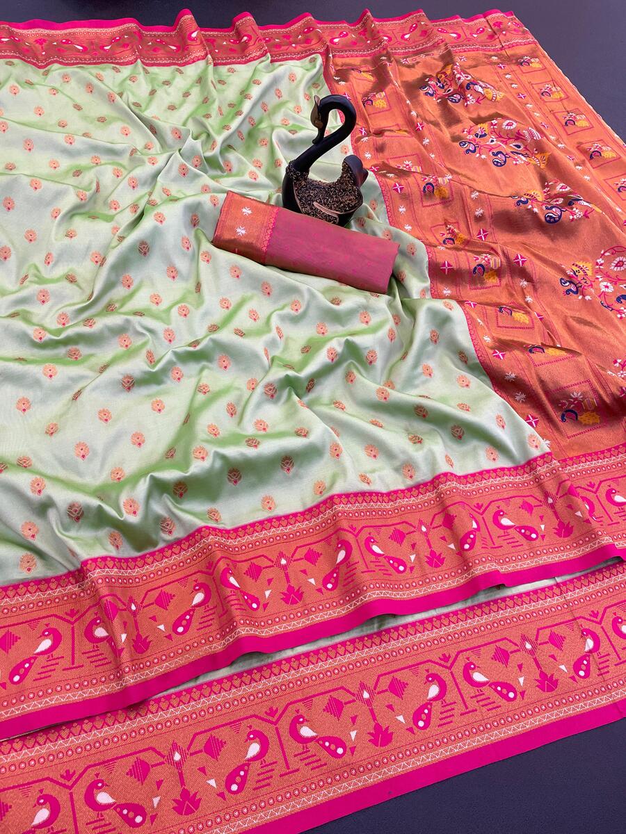 Imbrication Pista Paithani Silk Saree With Precious Blouse Piece
