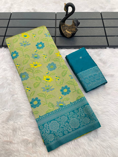 Elision Green Soft Banarasi Tissue Silk Saree With Traditional Blouse Piece