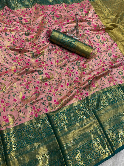 Imaginative Baby Pink Kanjivaram Silk Saree With Ravishing Blouse Piece