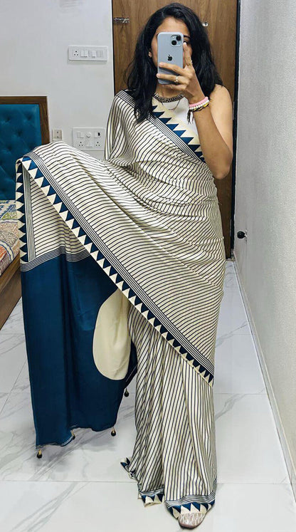 Rhapsodic Beige Digital Printed Crape Silk Saree With Fairytale Blouse Piece