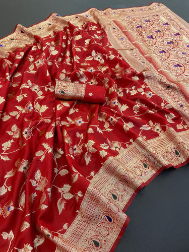 Enthralling Red Soft Banarasi Silk Saree With Lovely Blouse Piece