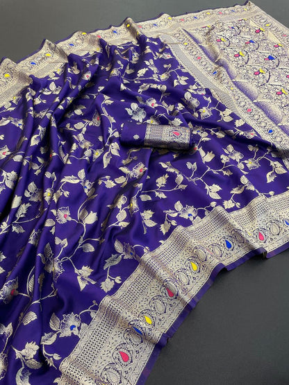 Woebegone Royal Blue Soft Banarasi Silk Saree With Demure Blouse Piece