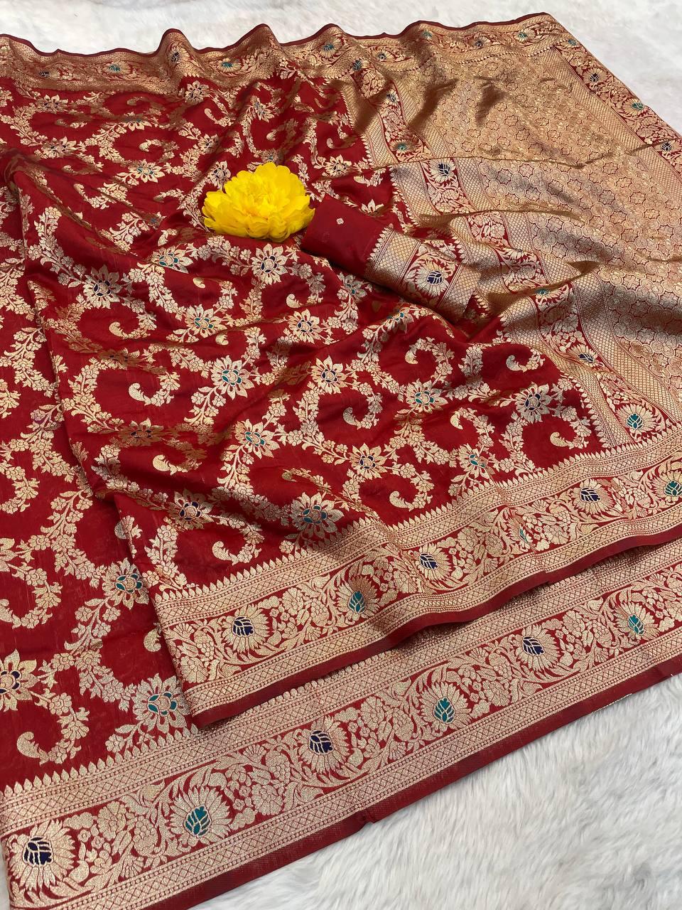 Enthralling Red Soft Banarasi Silk Saree With Redolent Blouse Piece