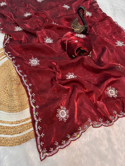 Amazing Maroon Sequence Work Fandy Silk Saree With Entrancing Blouse Piece